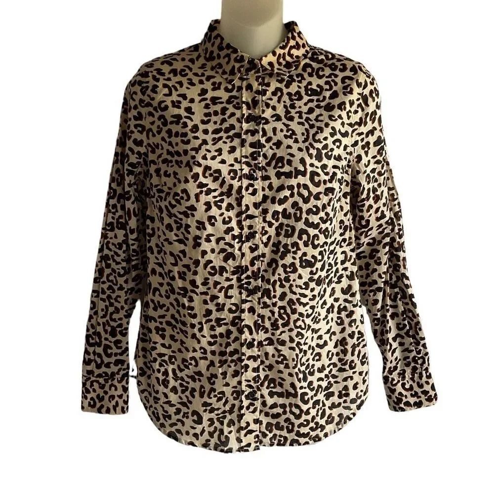 1901 Blouse Button Down Collar Leopard Print Tan Black Brown Long Sleeve XS